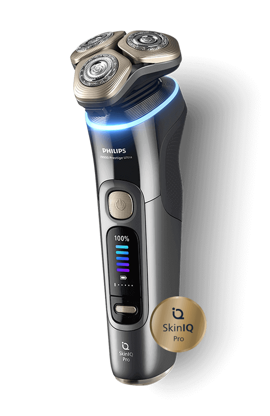 Srebrna golarka. Pod głowicami świecący jasnoniebieski ring.