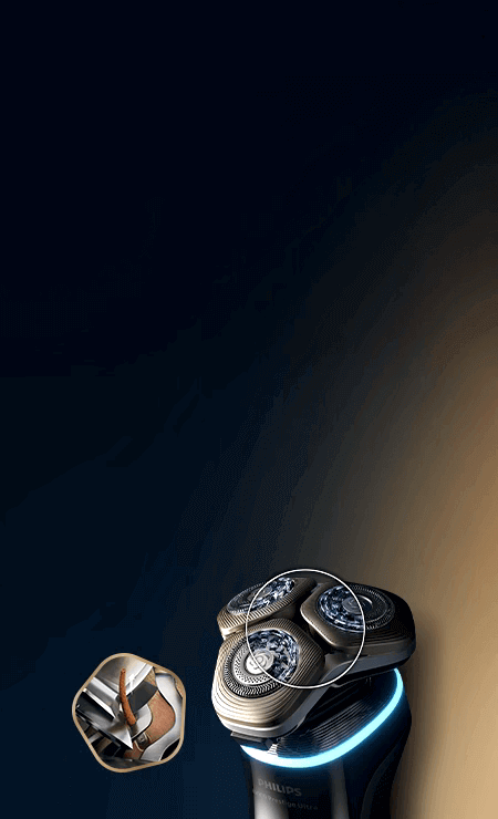 Głowice golarki. W wybranych miejscach przekrój ostrzy w powiększeniu. Obok małe zdjęcie ostrza tnącego włos.