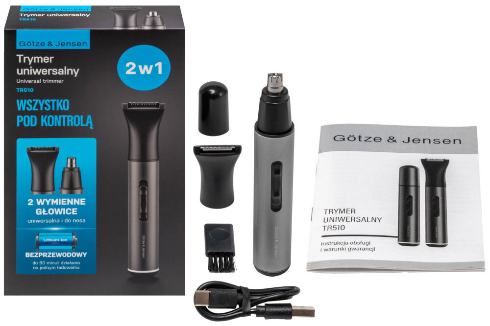 Na obrazie znajduje się trymer GOTZE&JENSEN TR510 z akcesoriami, w tym dwoma wymiennymi głowicami, szczoteczką do czyszczenia i kablem USB. Obok trymera widoczna jest instrukcja obsługi oraz opakowanie z napisem \'Wszystko pod kontrolą\'.