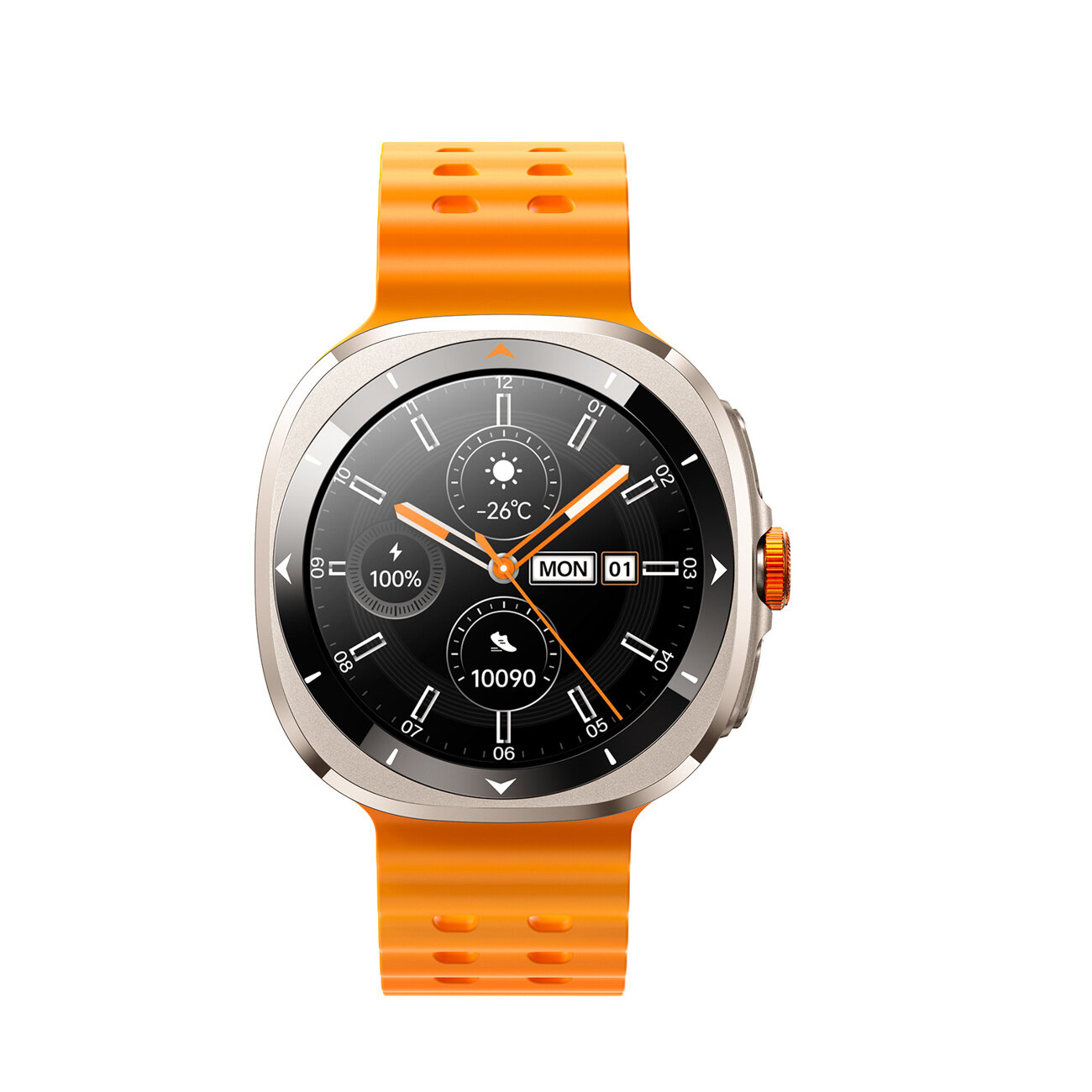 Smartwatch z pomarańczowym paskiem i okrągłą tarczą, na której widoczne są wskazówki, datownik oraz wskaźniki temperatury, baterii i kroków. Na tarczy widnieje tekst: \'-26°C\', \'100%\', \'MON 01\', \'10090\'.