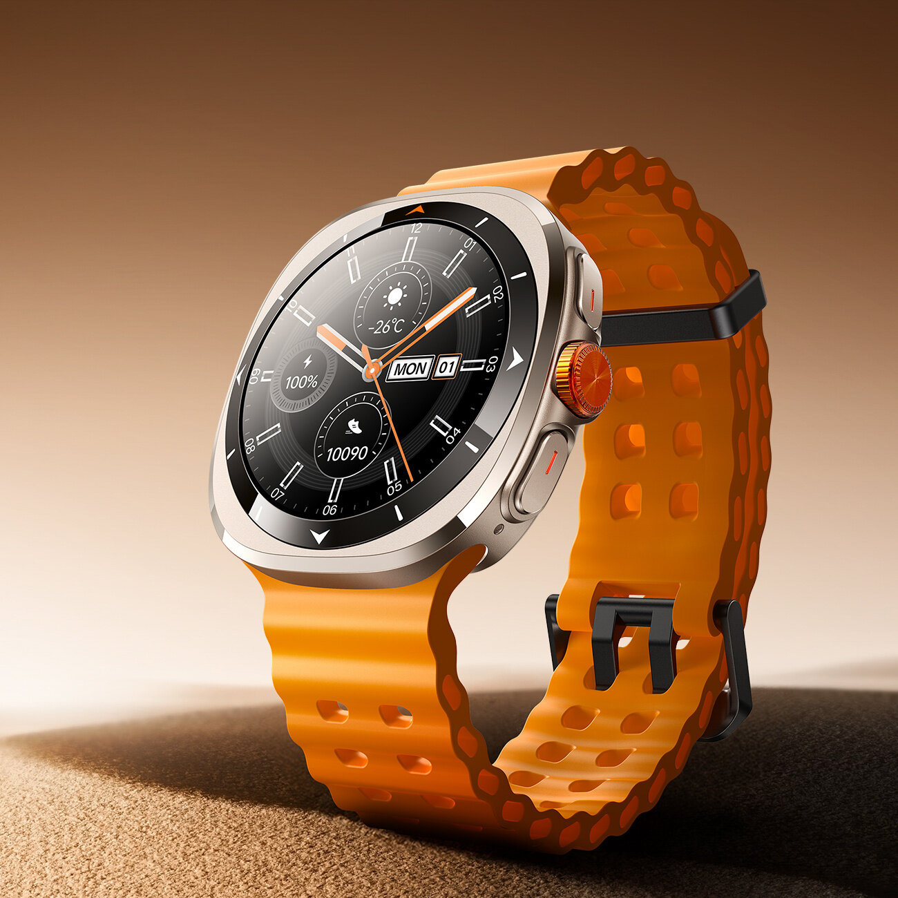 Smartwatch z pomarańczowym paskiem i okrągłym wyświetlaczem, na którym widoczne są wskaźniki pogody, daty i liczby kroków. Tło jest w odcieniach brązu.