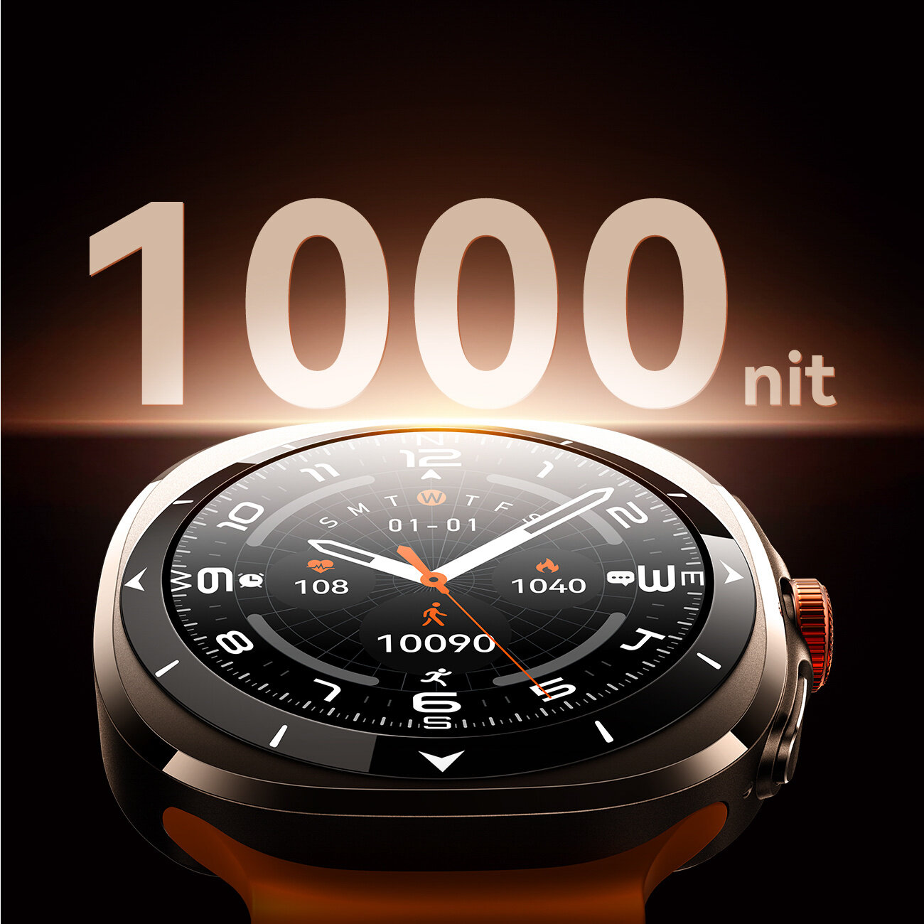 Na obrazie widoczny jest smartwatch z okrągłym wyświetlaczem, na którym pokazane są różne wskaźniki, takie jak kroki i kalorie. W tle znajduje się napis \'1000 nit\'.