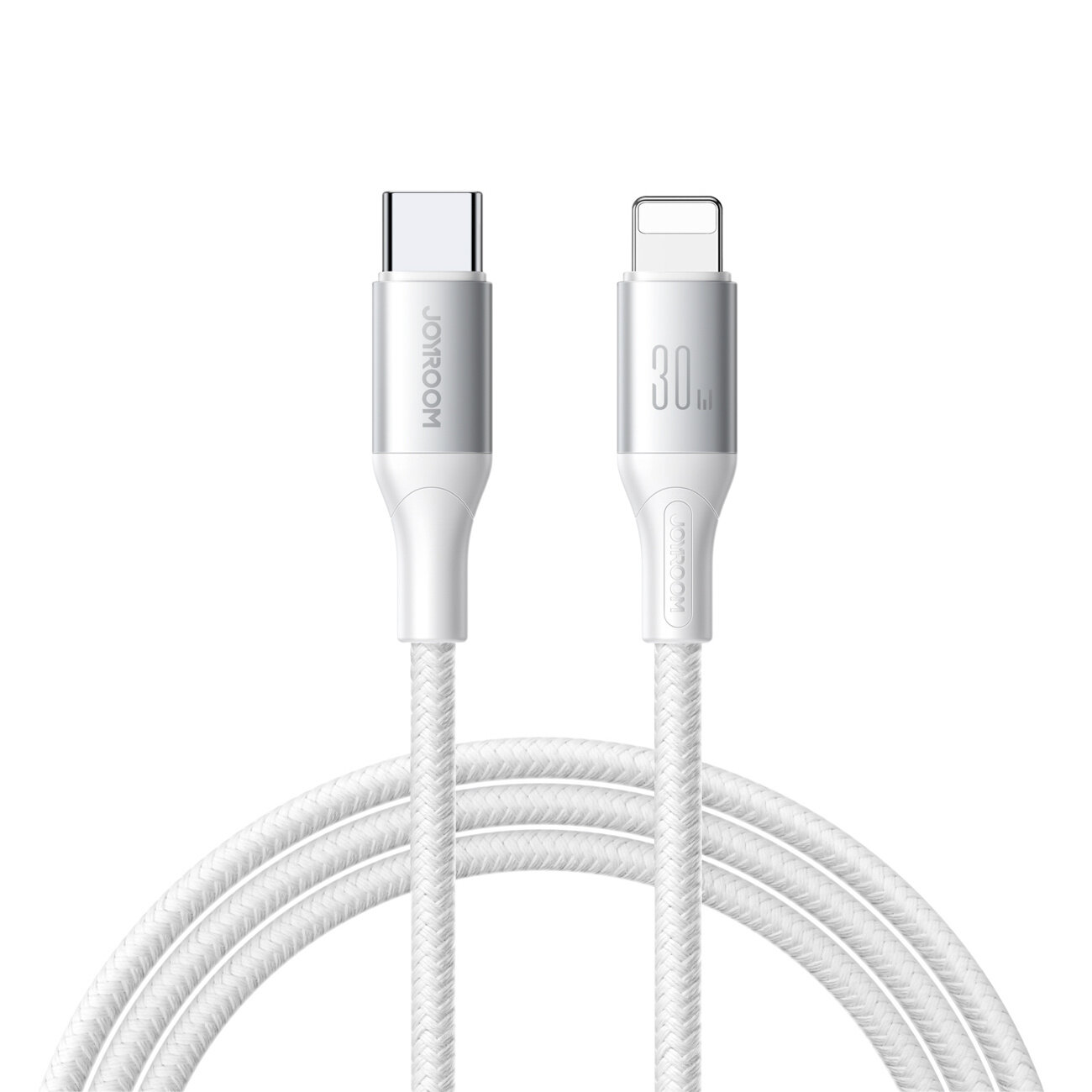 Na obrazie widoczny jest biały kabel USB-C - Lightning z oplotem, przeznaczony do ładowania i transferu danych. Na wtyczkach widoczne są napisy \'30W\' i \'joyroom\'.