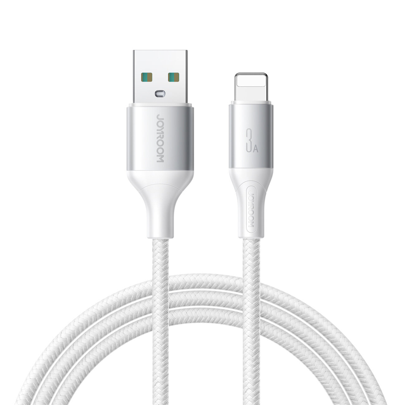 Biały kabel USB-A do Lightning z oplotem, oznaczony jako 3A. Na wtyczce USB widoczne jest logo \'JOYROOM\'.