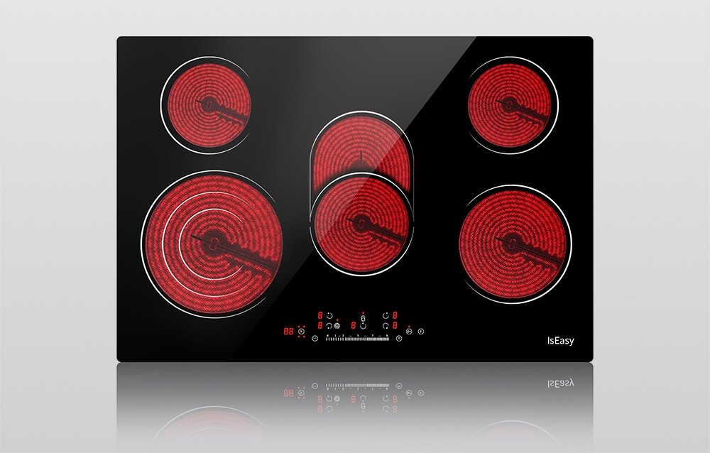 Płyta ceramiczna ISEASY LT5-02 Płyta grzewcza prezentuje pięć rozżarzonych stref promiennikowych o intensywnym czerwonym kolorze. Panel sterowania z czerwonymi ikonami umieszczony jest w dolnej części urządzenia