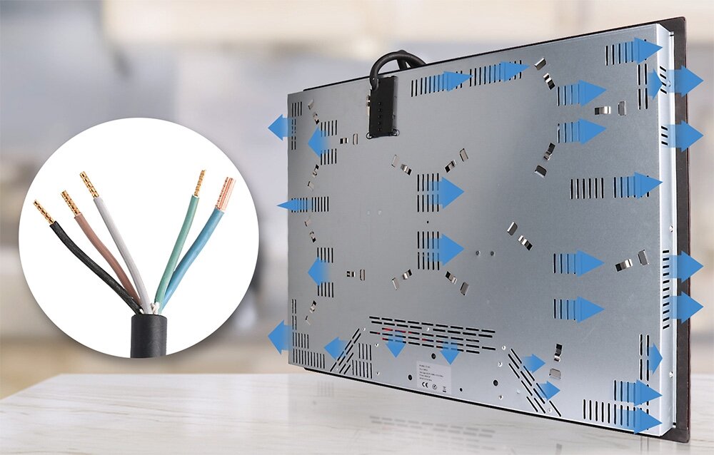 Płyta ceramiczna ISEASY LT5-02 Tylna część płyty ukazuje metalową obudowę z licznymi otworami wentylacyjnymi i kierunkiem przepływu powietrza oznaczonym niebieskimi strzałkami. Obok znajduje się zbliżenie przewodów elektrycznych cicha praca system wentylacji chłodzenie