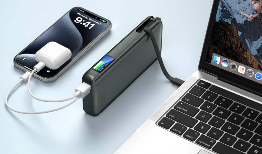 Powerbank 4SMARTS Enterprise 20000 mAh 165 W Szary - powerbank z podłączonym telefonem, słuchawkami i laptopem