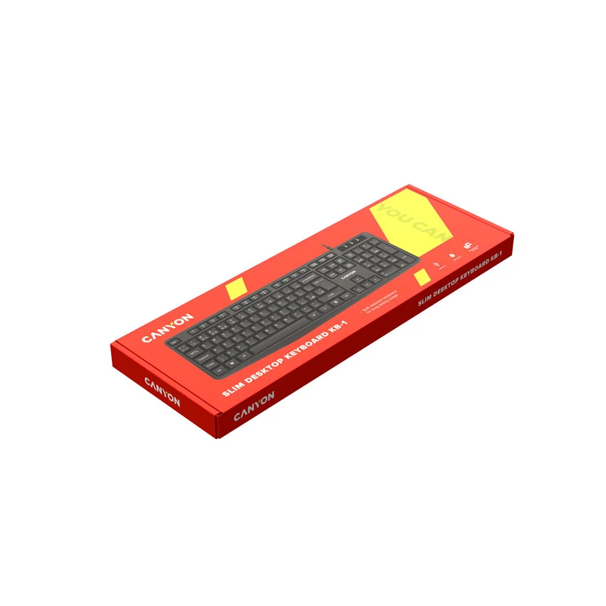 Opakowanie klawiatury Canyon w kolorze czerwonym z widocznym zdjęciem czarnej klawiatury. Na opakowaniu znajduje się tekst: \'CANYON SLIM DESKTOP KEYBOARD KB-1\'.