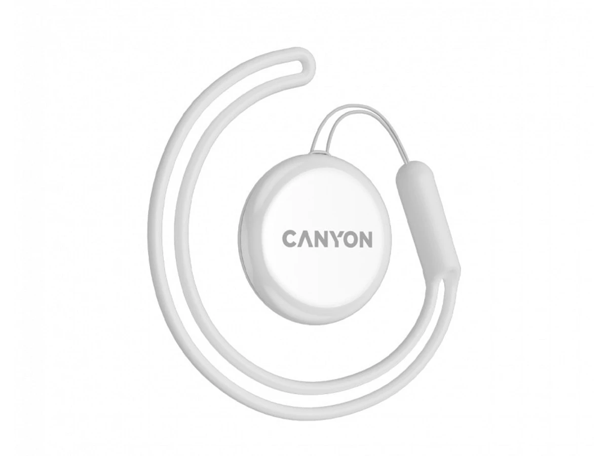 Biały lokalizator z napisem \'CANYON\' na środku, z dołączonym elastycznym paskiem.