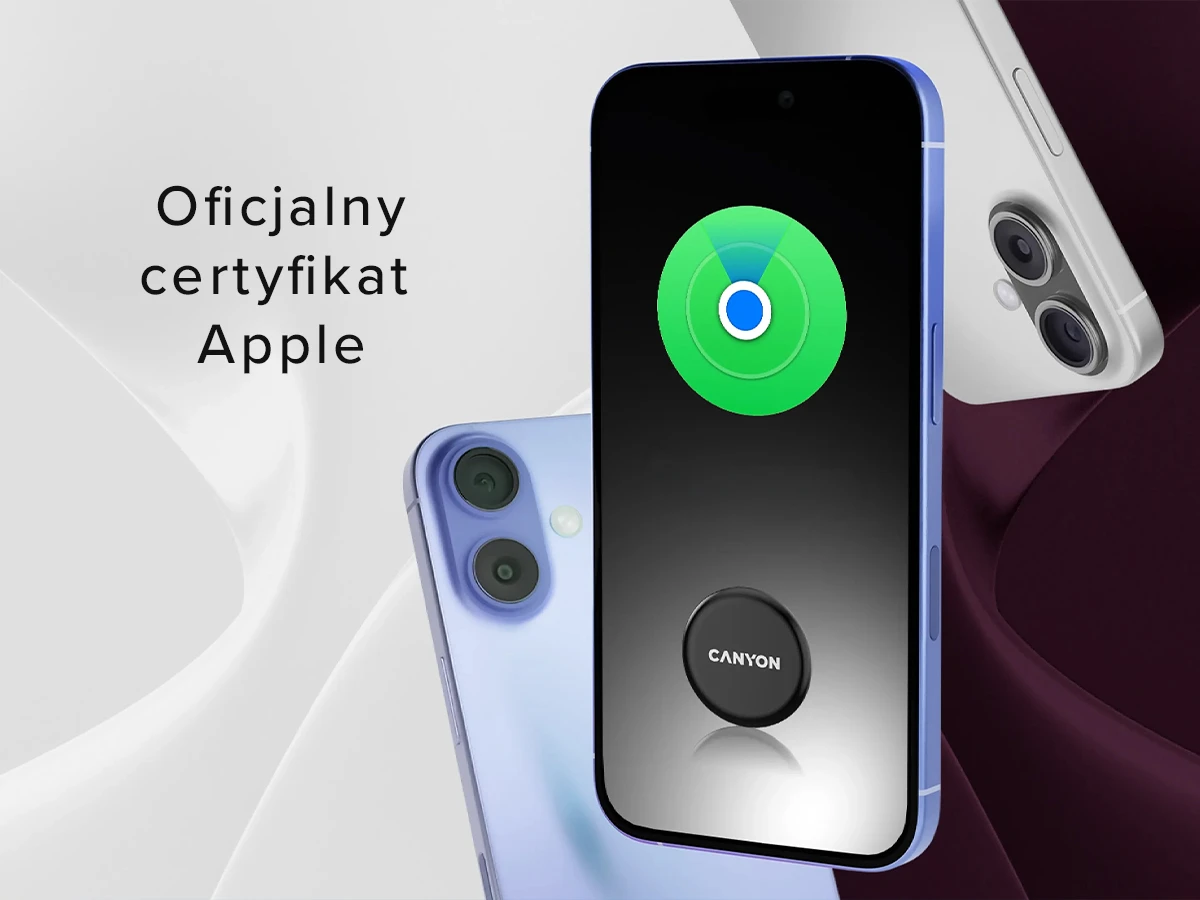 Na obrazie widoczny jest smartfon z aplikacją lokalizacyjną, a obok niego napis \'Oficjalny certyfikat Apple\'. Na ekranie telefonu znajduje się zielona ikona lokalizatora, a poniżej widnieje logo \'CANYON\'.