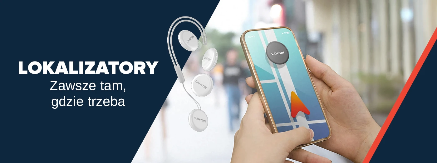 Na obrazie widoczny jest telefon trzymany w dłoniach z aplikacją mapy oraz lokalizatorem Canyon przyczepionym z tyłu. Po lewej stronie znajduje się tekst: \'LOKALIZATORY Zawsze tam, gdzie trzeba\' oraz grafika przedstawiająca kilka lokalizatorów Canyon.