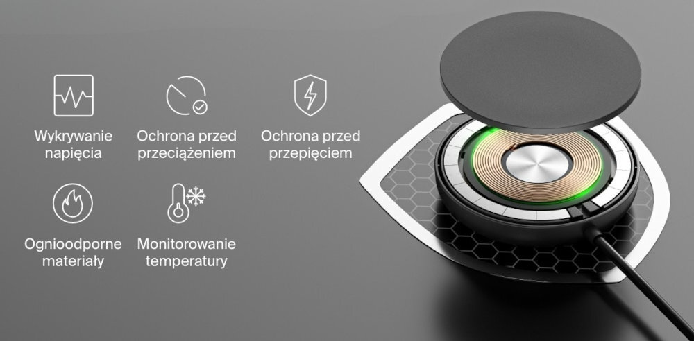 BELKIN BoostCharge Pro Belkin SmartProtect przeciążeniem, przepięciem i przegrzaniem detekcji prądu wykorzystaniu ognioodpornych materiałów 75% obudowy plastiku pochodzącego z recyklingu - wnętrze ładowarki, pod spodem symbol tarczy