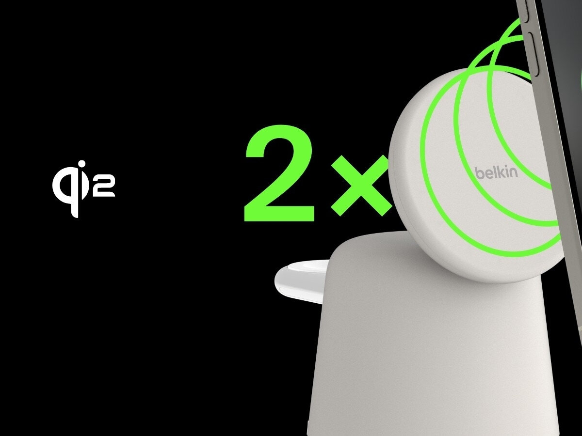 BELKIN 2w1 QI2 Technologia Qi2 15 W dwukrotnie krótszy czas ładowania klasycznymi rozwiązaniami - logo qi2 z stacją na czarnym tle, napis 2x