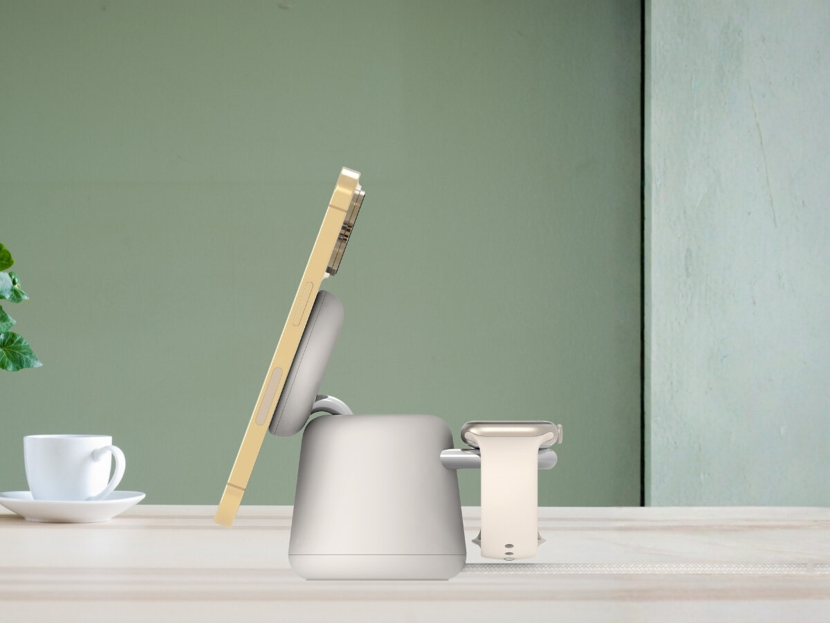 BELKIN 2w1 QI2 Apple Watch Series 7, 8, 9 oraz Ultra i Ultra 2 od 0 do 80% w około 45 minut. - ładowarka od boku z smartfonem i zegarkiem