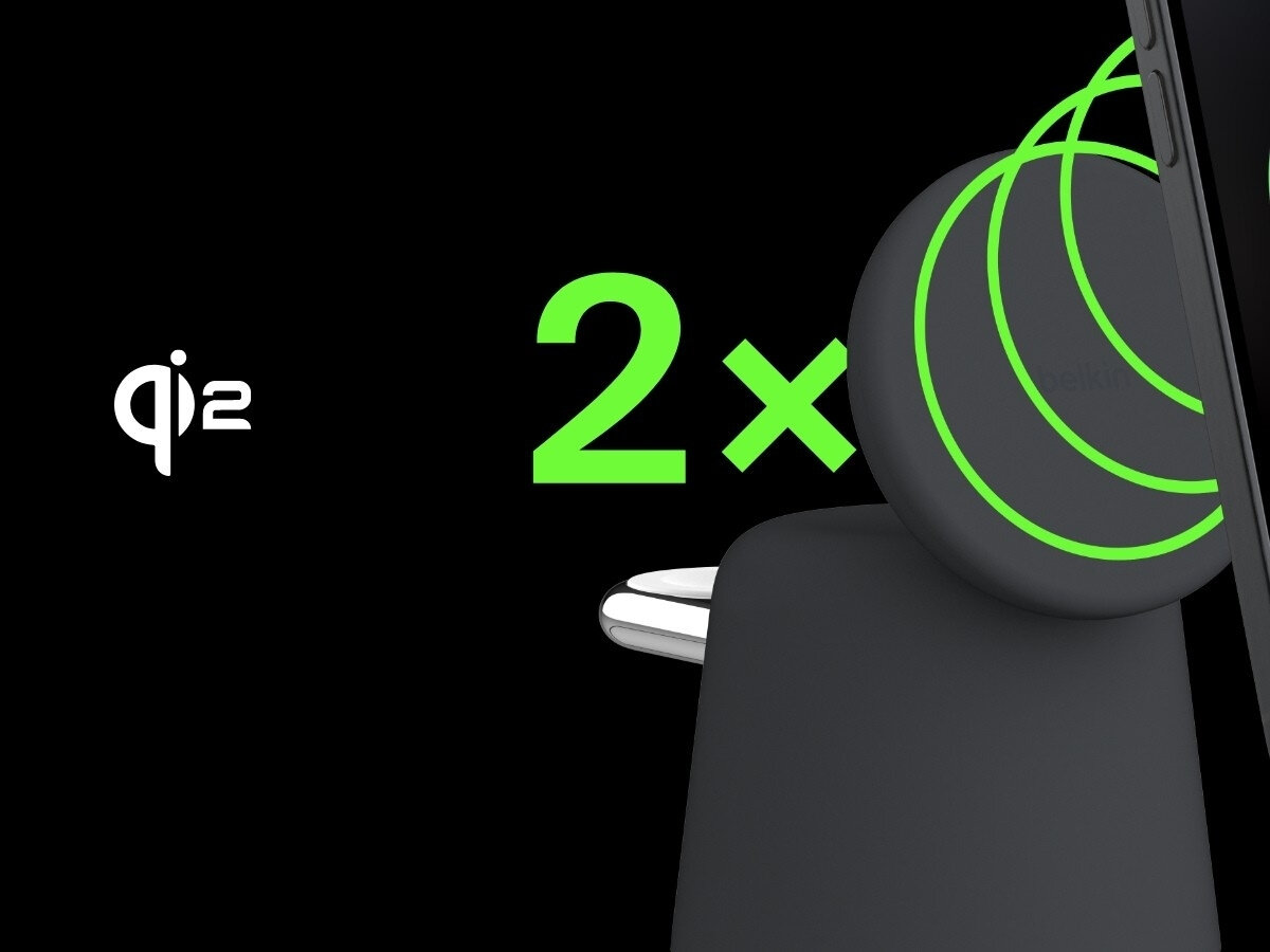 BELKIN 2w1 QI2 Technologia Qi2 15 W dwukrotnie krótszy czas ładowania klasycznymi rozwiązaniami - logo qi2 z stacją na czarnym tle, napis 2x