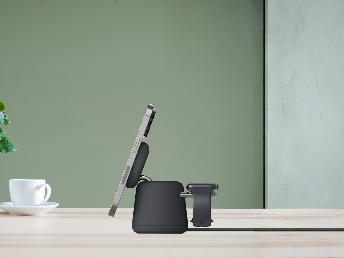 BELKIN 2w1 QI2 Apple Watch Series 7, 8, 9 oraz Ultra i Ultra 2 od 0 do 80% w około 45 minut. - ładowarka od boku z smartfonem i zegarkiem