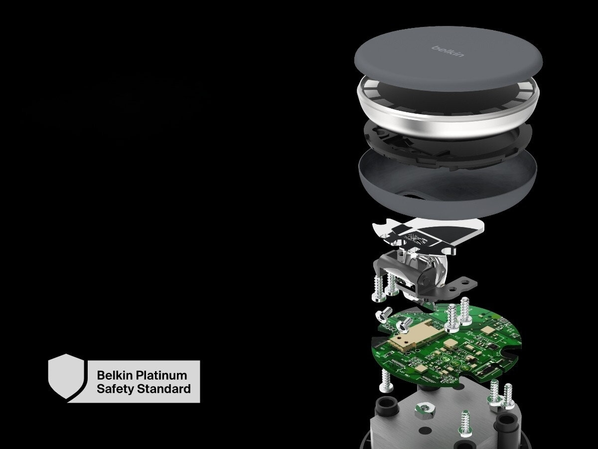 BELKIN 2w1 QI2 Dociążona podstawa antypoślizgową powierzchnią minimum 60% z materiałów z recyklingu powłoka soft-touch - ładowarka rozłożona na części pierwsze