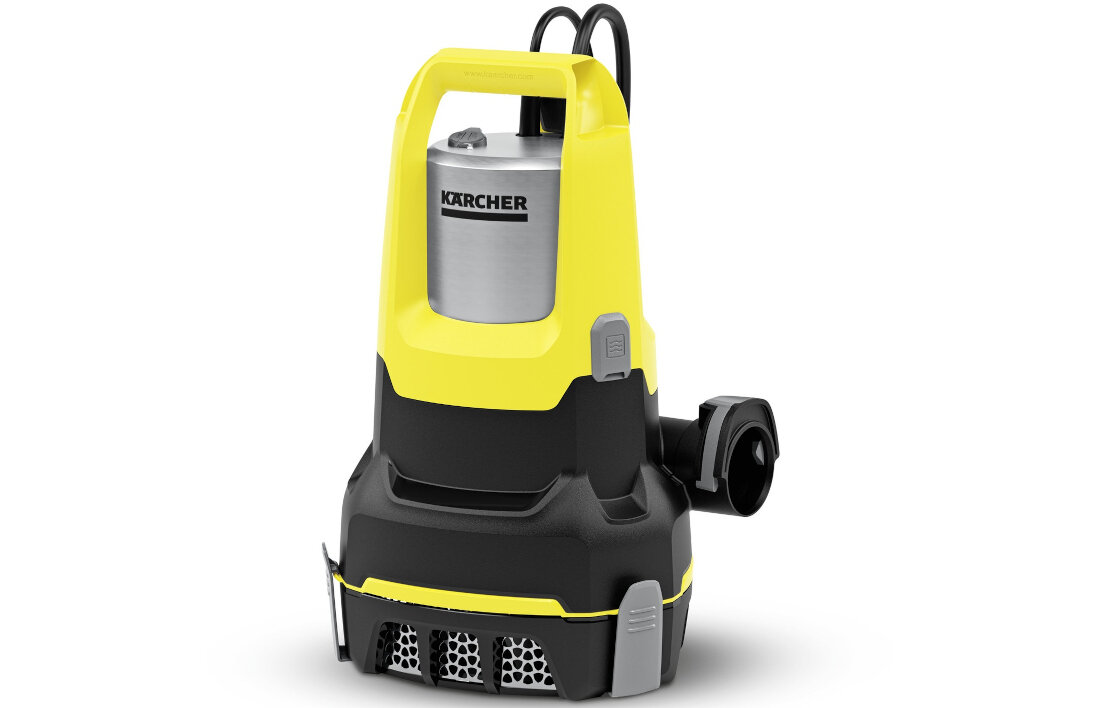 Na obrazie widoczna jest pompa zanurzeniowa w kolorze żółto-czarnym z logo \'KARCHER\' na metalowej części. Pompa ma uchwyt na górze i kratkę na dole.