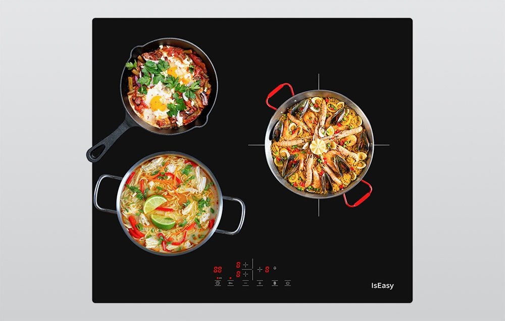 Płyta indukcyjna ISEASY LI3-17 Płyta indukcyjna jest wkomponowana w blat, a jej matowa powierzchnia tworzy spójną całość z otoczeniem. Widoczne oznaczenia stref grzewczych ułatwiają korzystanie panel dotykowy sterowanie sensorowe obsługa dotykiem