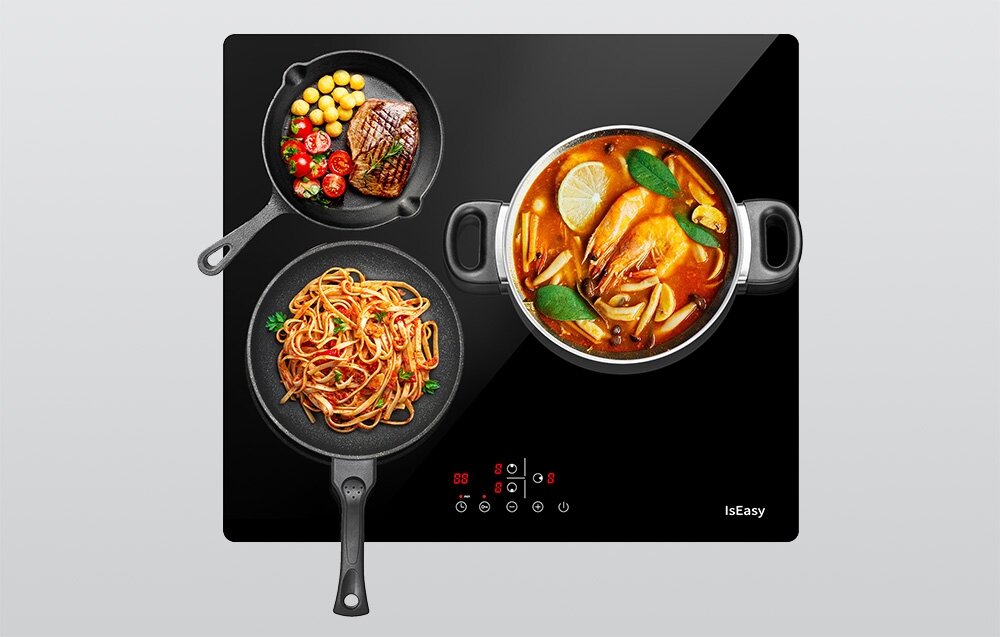 Płyta ceramiczna ISEASY LT3-22 Trzy naczynia ustawione na płycie prezentują różne potrawy: mięso z warzywami, makaron oraz zupę. Pola grzewcze rozłożone są tak, by zmieścić kilka dań jednocześnie gładka powierzchnia łatwe czyszczenie zabudowa