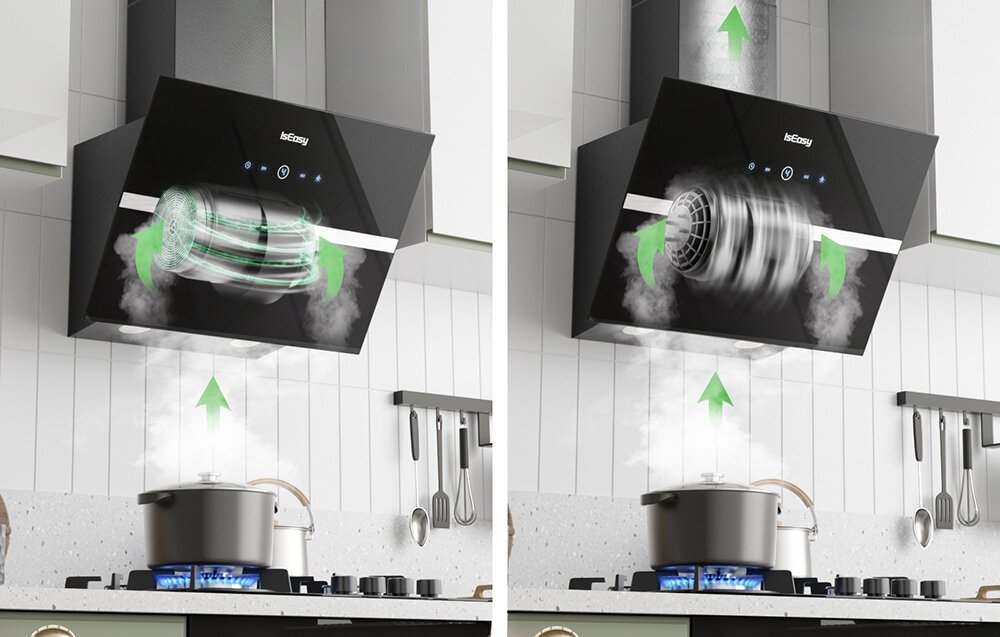Okap kuchenny ISEASY TV5290D4-CC-I2 Dwa ujęcia pokazują pracę turbiny okapu oraz sposób odprowadzania powietrza do komina. Strzałki podkreślają kierunek przepływu pary znad garnka na palniku tryb wyciąg recyrkulacja okap