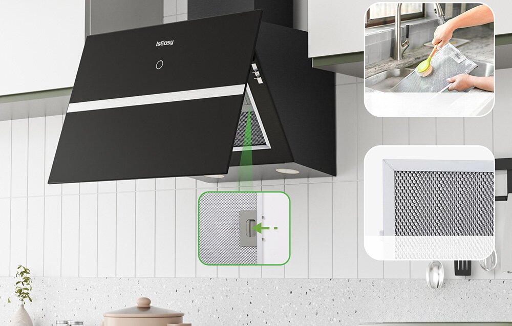 Okap kuchenny ISEASY TV5290D4-CC-I2 Okap uchylony od dołu odsłania filtr, który można wyjąć za pomocą prostego zatrzasku. Wstawki graficzne prezentują wygląd siatki filtra oraz sposób jego czyszczenia okap 60 cm regulowany komin