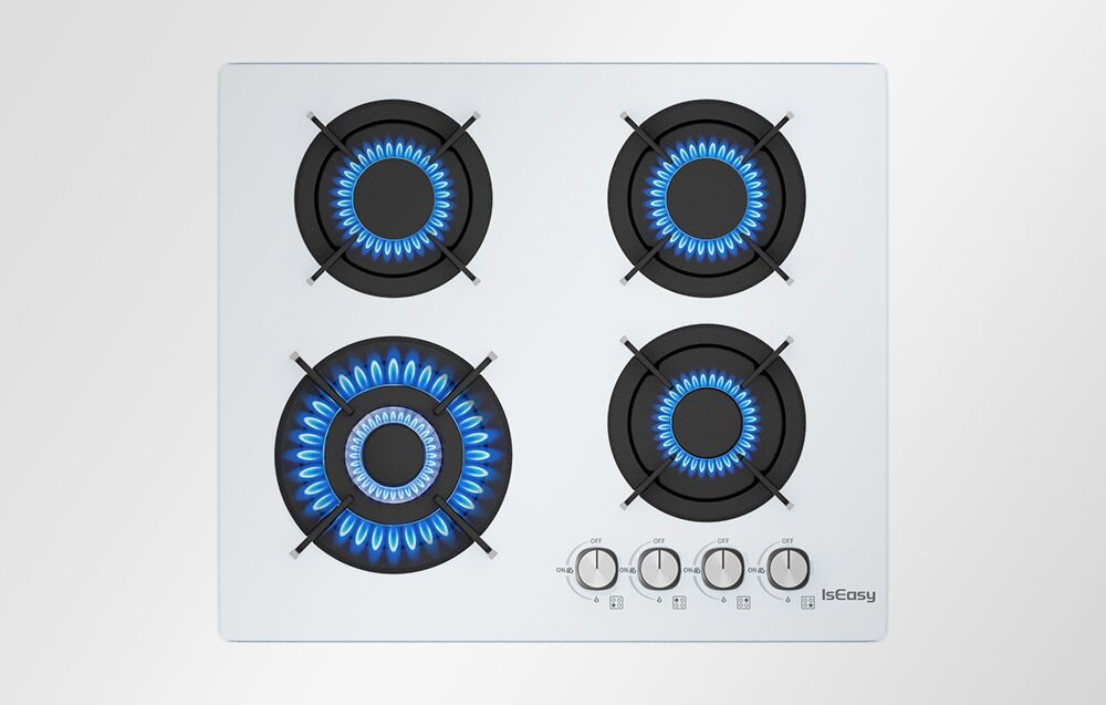 PŁYTA GAZOWA ISEASY MGBG-604B Płyta gazowa z czterema palnikami prezentuje równy, niebieski płomień na każdym z nich. Układ palników został rozmieszczony symetrycznie na białej powierzchni