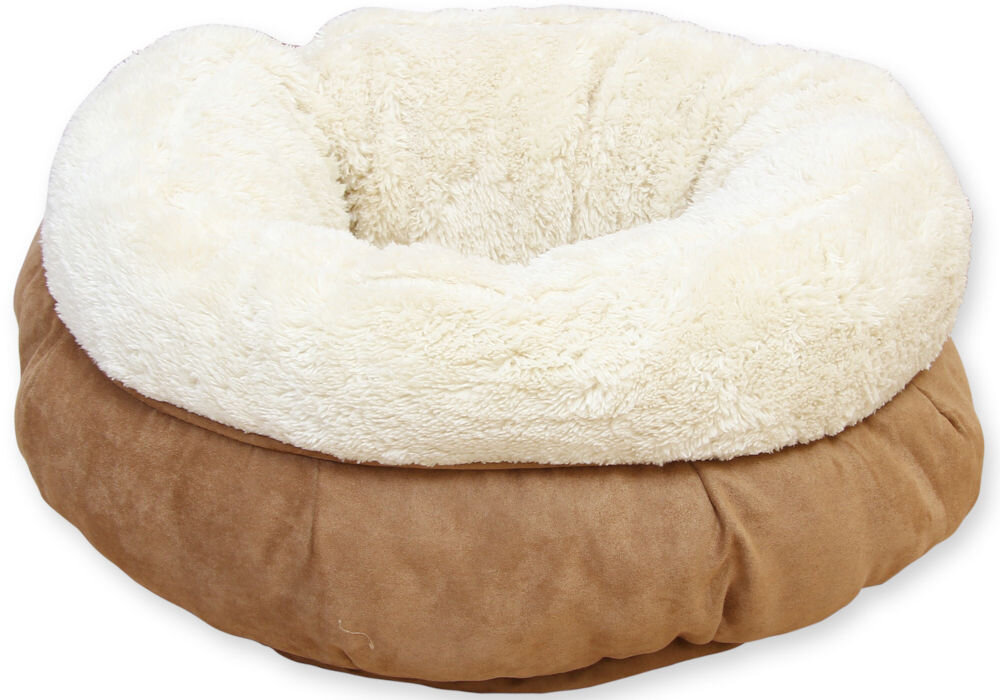 Legowisko ALL FOR PAWS Donut Bed Zdjęcie produktu: Miękkie, okrągłe legowisko dla kota lub małego psa. Zewnętrzna część jest brązowa, a wnętrze wyściełane jest kremowym, puszystym futerkiem. Legowisko jest puste.