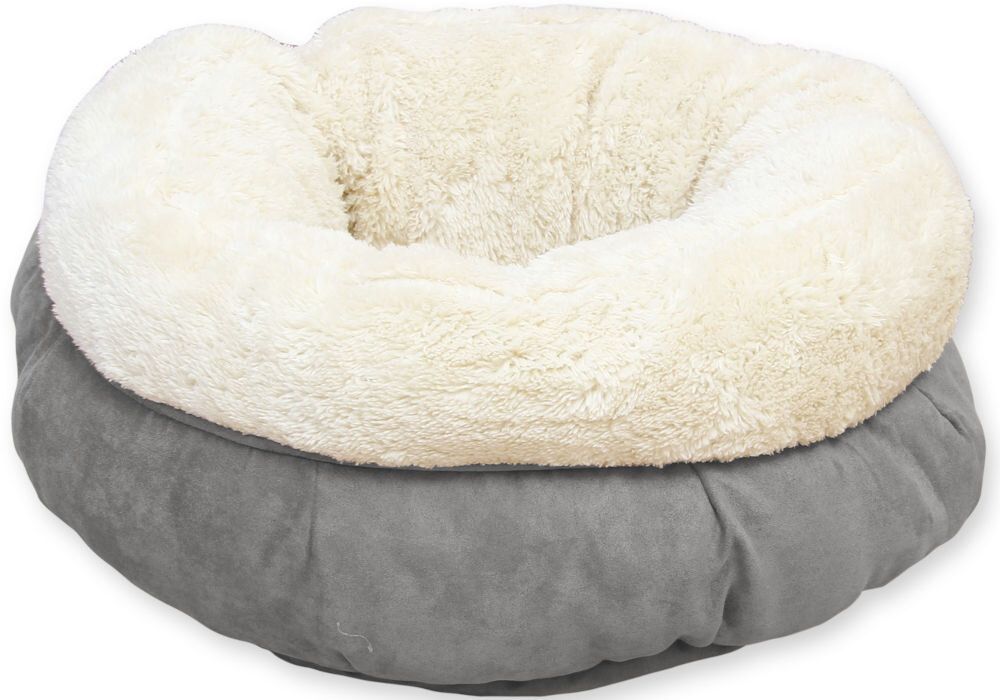 Legowisko ALL FOR PAWS Donut Bed Zdjęcie produktu: Miękkie, okrągłe legowisko dla kota lub małego psa. Zewnętrzna część jest szara, a wnętrze wyściełane jest kremowym, puszystym futerkiem. Legowisko jest puste.