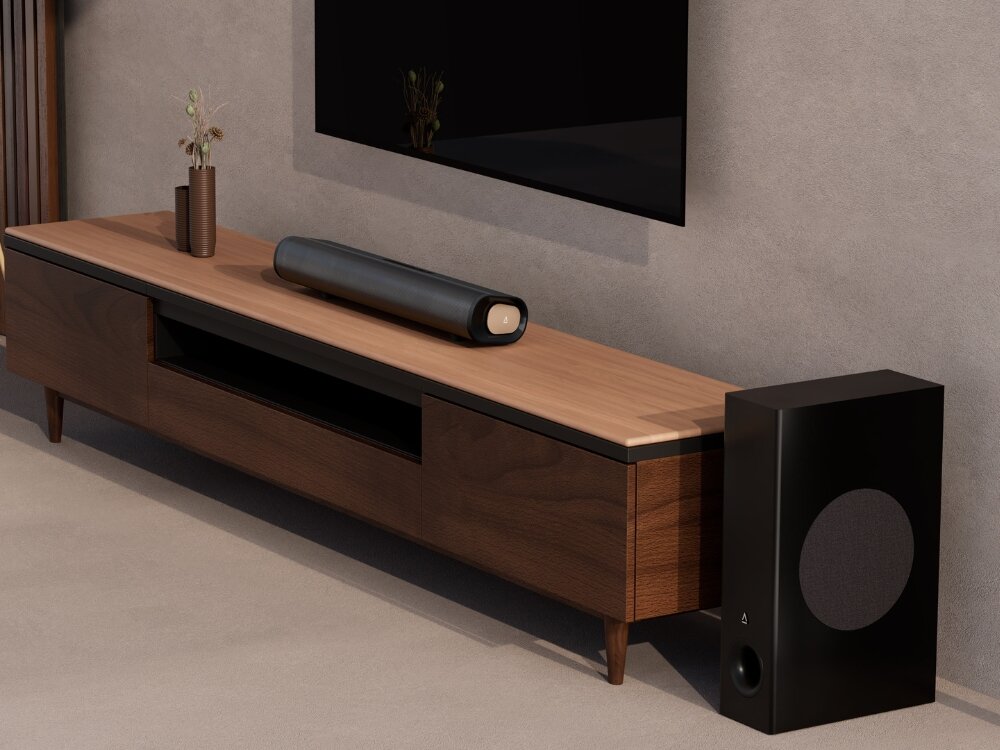 Głośniki CREATIVE Stage Pro 2.1
                soundbar z subwooferem w salonie pod telewizorem