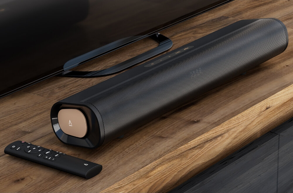 Głośniki CREATIVE Stage Pro 2.1
                soundbar z pilotem na szafce obok telewizora subwoofer 2.1 technologia superwide dolby audio szersza scena dźwiękowa lepsza przestrzenność filmy muzyka brzmienie