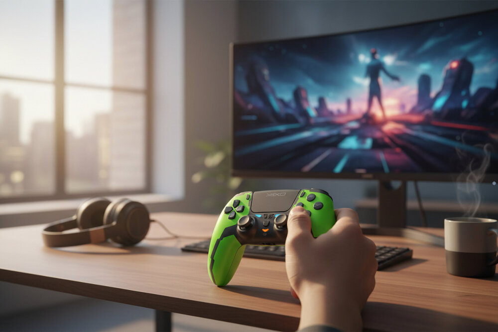 Żółto-czarny bezprzewodowy gamepad stoi na stoliku w salonie, a w głębi widać rozmyty ekran dużego telewizora.