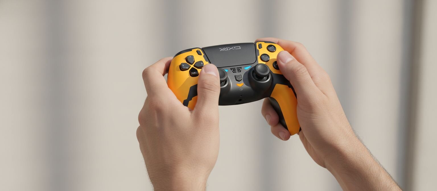 Dwie dłonie trzymają żółto-czarny bezprzewodowy gamepad na tle jasnej, miękko rozmytej ścianie