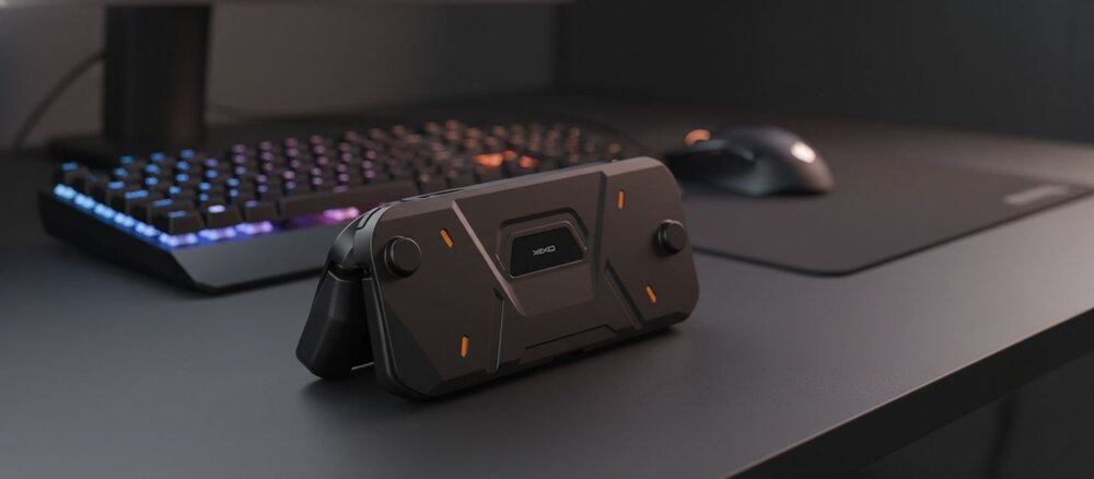 etui ochronne YAXO Nomad do Nintendo Switch 2 stojące na czarnym biurku gamingowym, w tle podświetlana klawiatura mechaniczna i mysz komputerowa