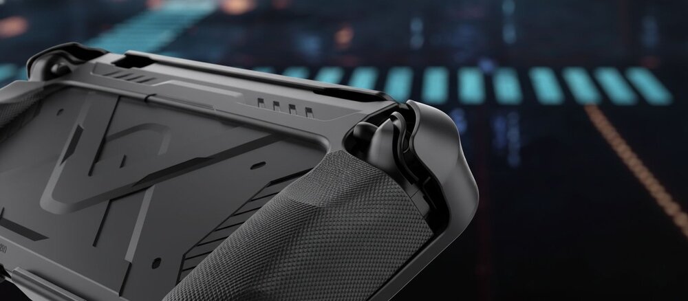 Zbliżenie na tył etui YAXO Nomad do Nintendo Switch 2 z wypukłymi, gumowanymi uchwytami i masywnymi narożnikami, na rozmytym tle futurystycznego miasta