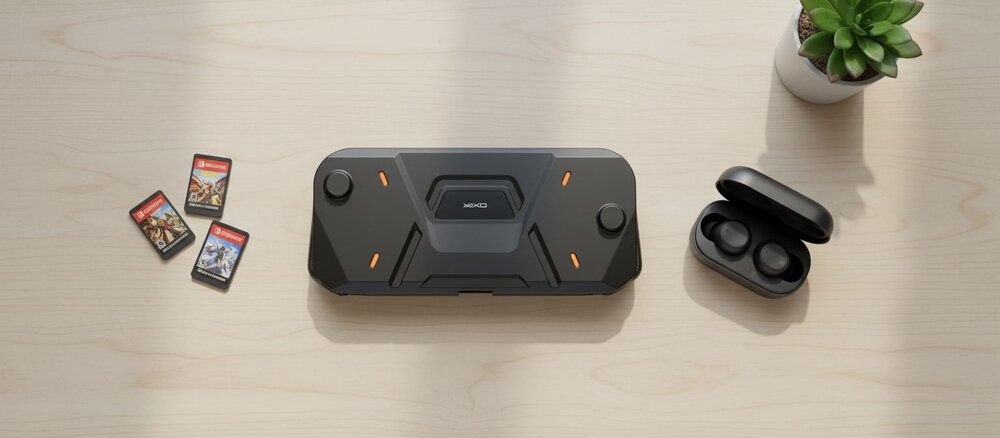 etui ochronne YAXO Nomad do Nintendo Switch 2 stojące na czarnym biurku gamingowym, w tle podświetlana klawiatura mechaniczna i mysz komputerowa