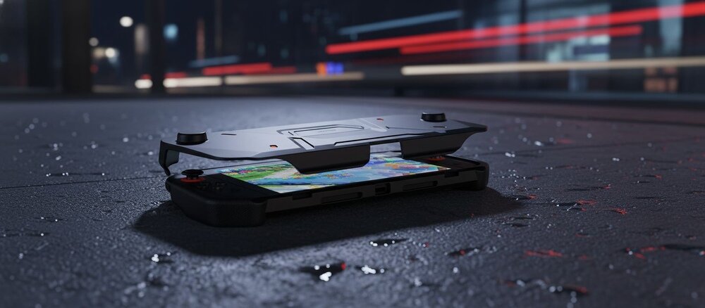 Nintendo Switch 2 w etui YAXO Nomad leżący ekranem do góry na mokrym, nocnym chodniku, a uniesiona górna część pancernego etui chroni konsolę przed deszczem i uderzeniami