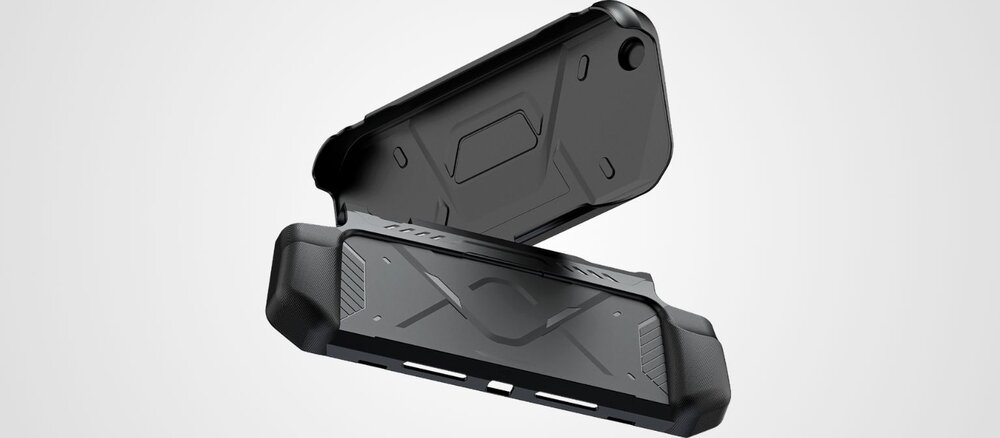 Otwarte etui YAXO Nomad do Nintendo Switch 2 na białym tle, widoczne wewnętrzne wzmocnienia oraz profilowane, teksturowane uchwyty do trzymania konsoli.