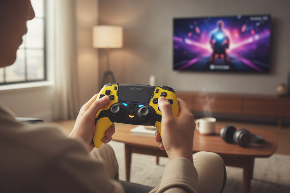 Żółto-czarny bezprzewodowy gamepad stoi na stoliku w salonie, a w głębi widać rozmyty ekran dużego telewizora.