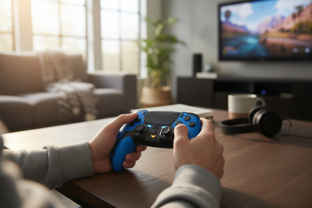 Żółto-czarny bezprzewodowy gamepad stoi na stoliku w salonie, a w głębi widać rozmyty ekran dużego telewizora.