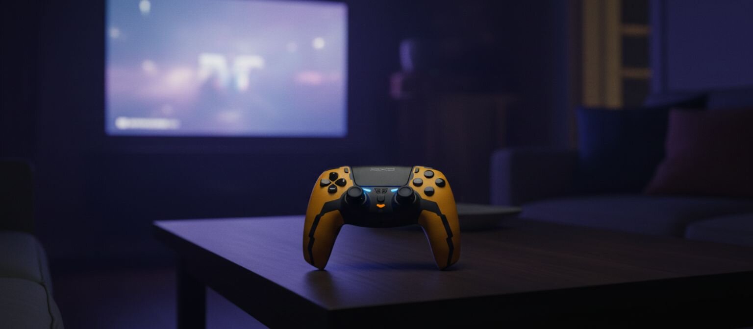 Niebiesko-czarny bezprzewodowy gamepad widziany z przodu, ustawiony centralnie na gładkim pastelowym tle w odcieniach różu i błękitu.