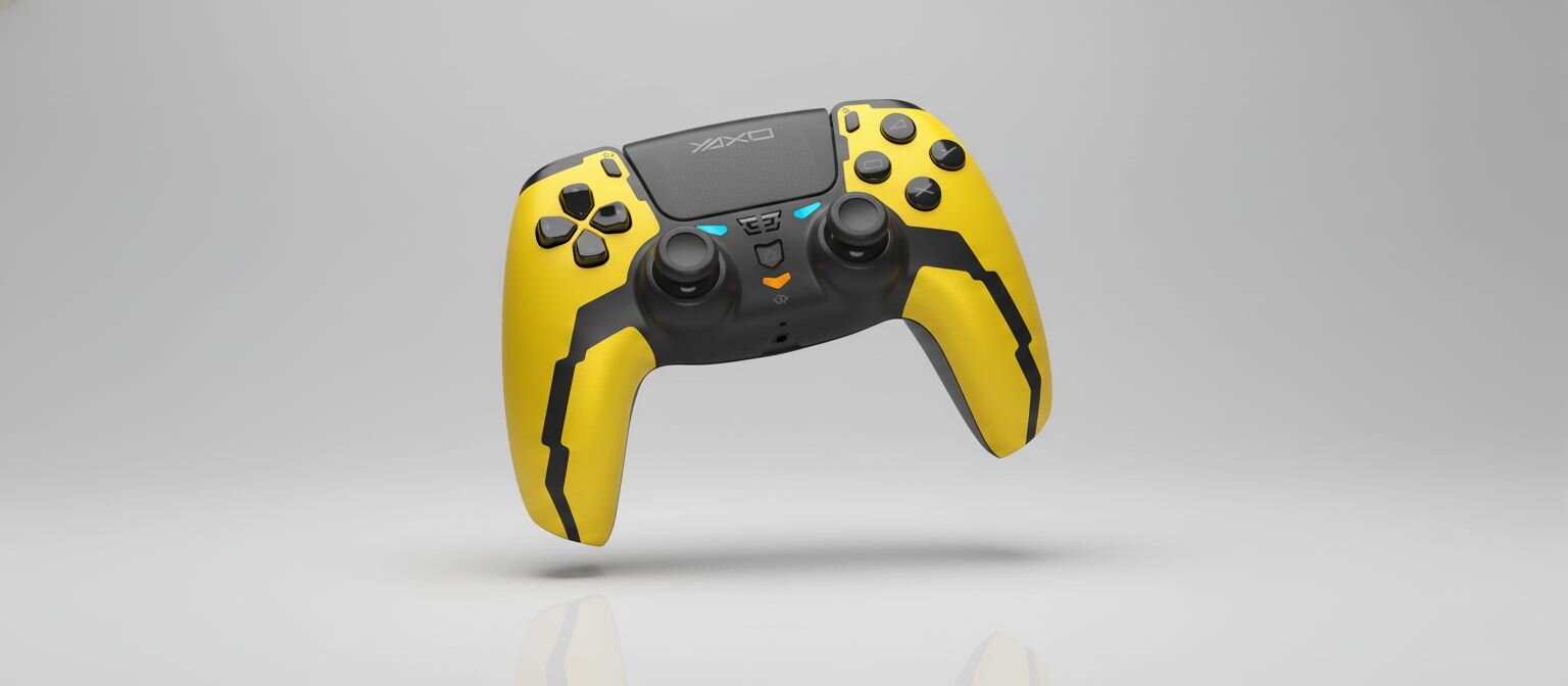 Żółto-czarny bezprzewodowy gamepad unosi się nad jasnoszarą powierzchnią, pod nim widać miękki cień.