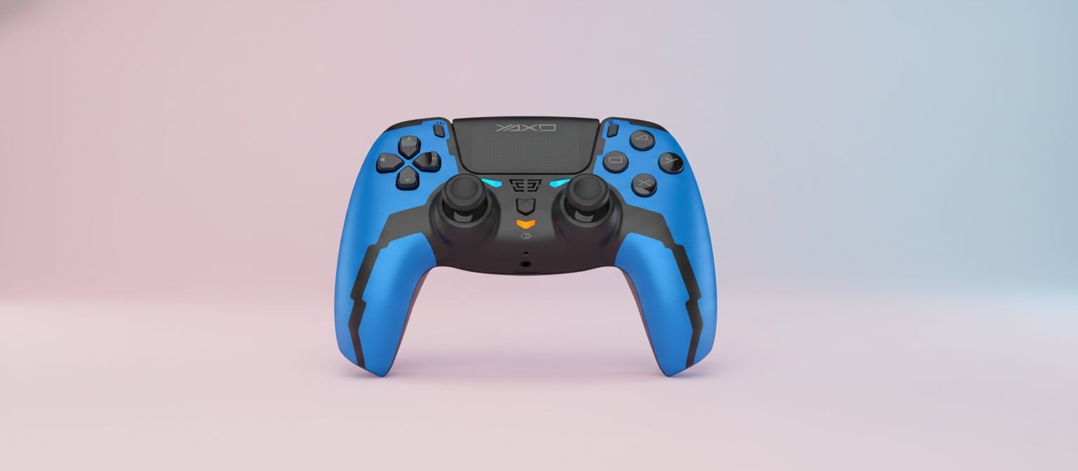 Zbliżenie prawej strony żółto-czarnego gamepada, z widocznym drążkiem analogowym i czterema błyszczącymi przyciskami funkcyjnymi.