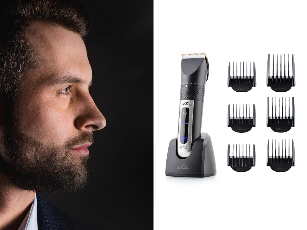 Strzyżarka ETA Marcus 934190000 bezprzewodowa 6 nakładek 0.5-30 mm czytelny wyświetlacz LED, wygodna praca, ułatwienie strzyżenia i przechowywania