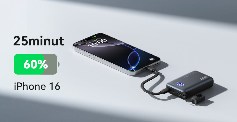 INIU Pocket Pro Small 10000 mAh Power Delivery 45 W iPhone 16 do 60% 25 minut - powerbank ładujący telefon