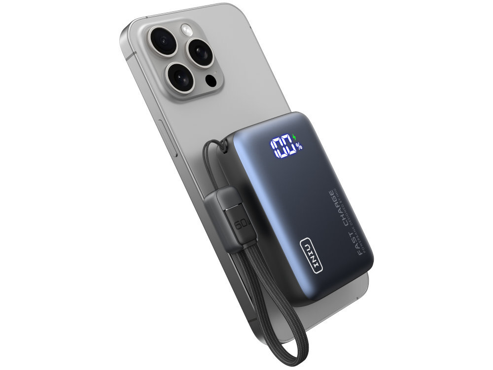 INIU Pocket Pro Small 10000 mAh iPadów po AirPods inteligentnemu, automatycznemu trybowi ładowania - powerbank z telefonem na białym tle