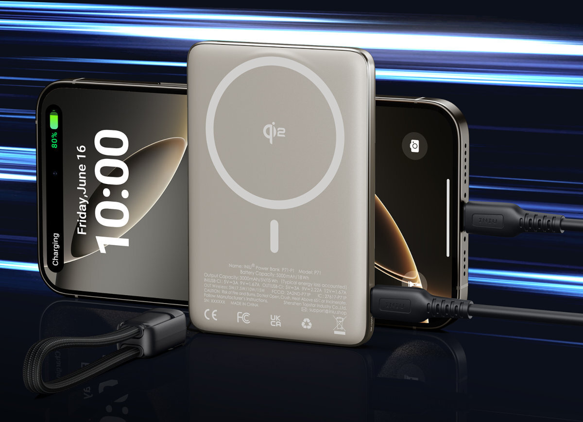 INIU MagPro Slim 5000 mAh 30 minut iPhone’a 16 do 70% - telefon podłączony do powerbanka