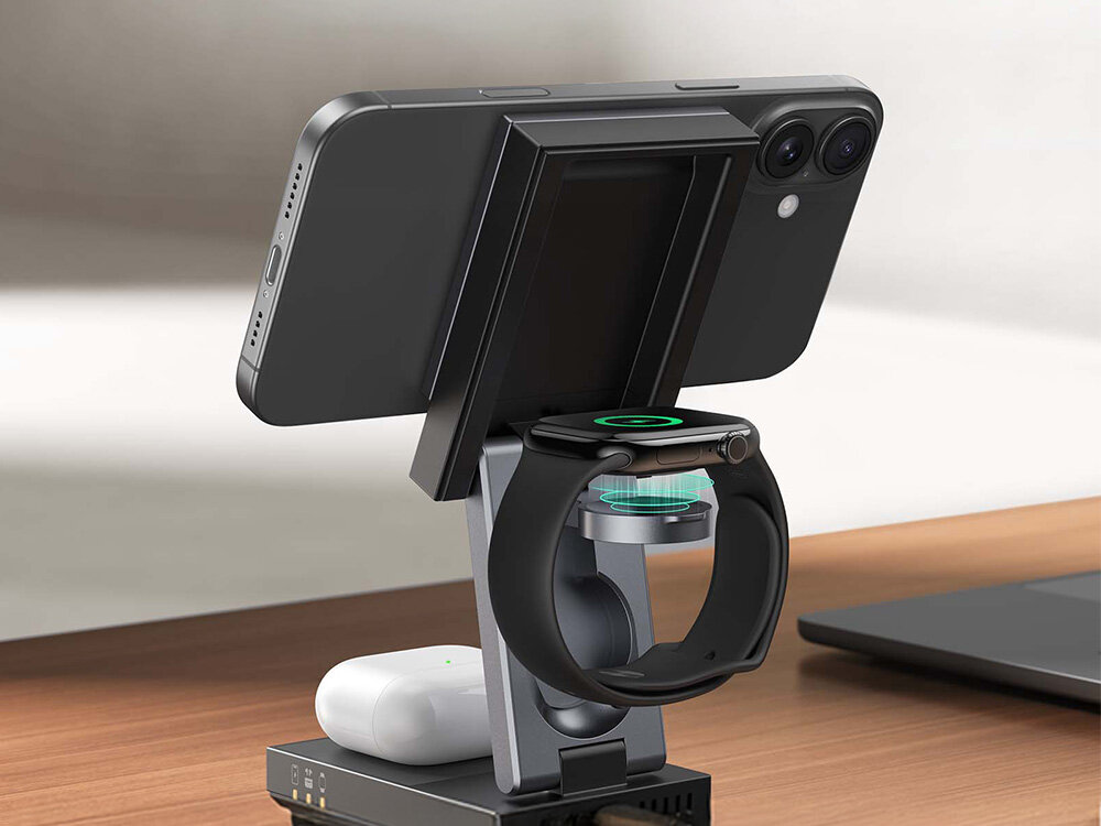 INIU MagPro WM311 15W Technologia Qi2 2 razy szybciej standardowych ładowarkach 7,5 W MagPro 3w1 Magnetyczny panel iPhone’a oglądania filmów rozmów wideo poziomo albo pionowo - ładowarka z urządzeniami na blacie, w tle laptop