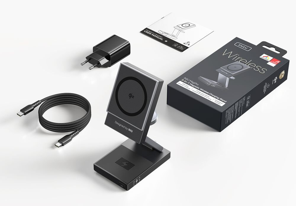 INIU MagPro WM311 15W kabel USB-C/USB-C, zasilacz o mocy 30 W oraz instrukcja obsługi - cały zestaw na jasnym tle