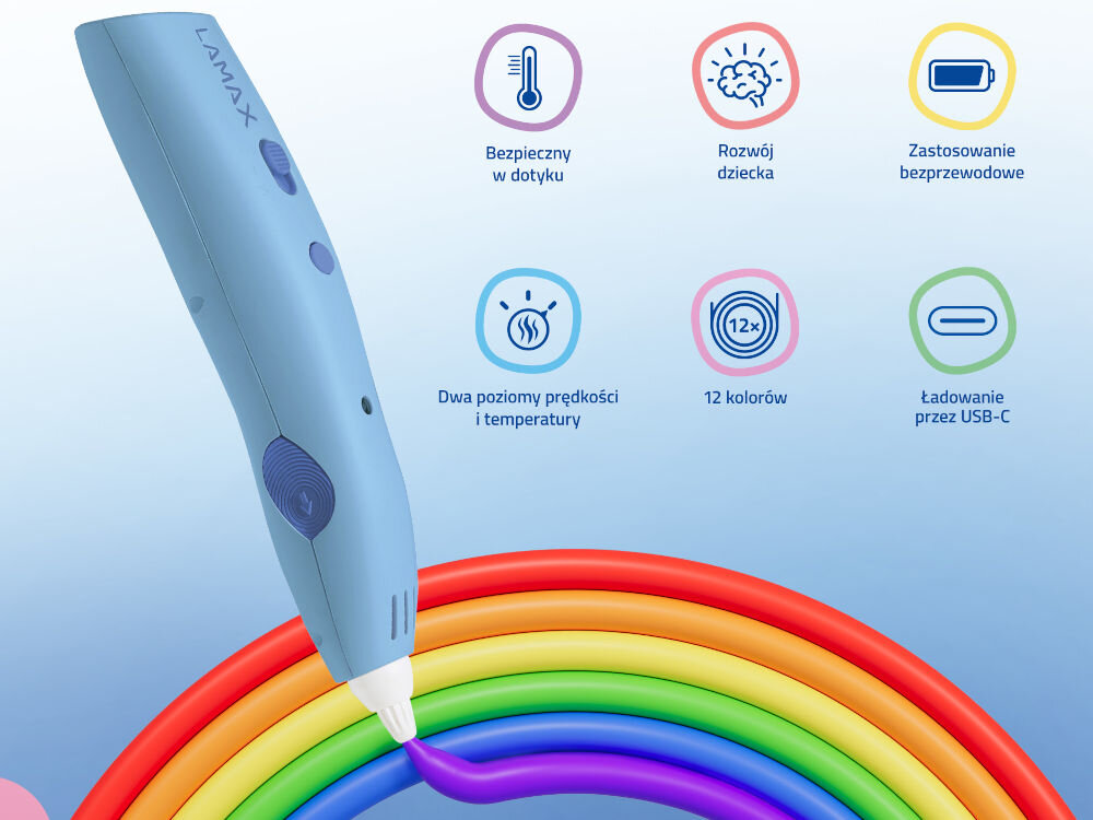 Długopis 3D LAMAX ArtKid1 3D Blue ładowanie USB-C bezprzewodowa praca kabel USB-A do USB-C